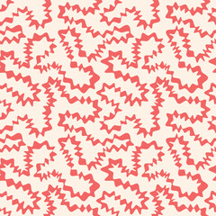 Continuous distorted line funky groovy abstract seamless repeat pattern. Unusual trendy modern psychedelic maze background. Uneven hand drawn deformed zigzag spiky doodle endless wavy red stripe. 