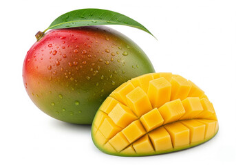Fresh Ripe Mango and Sliced Cubes on White Background