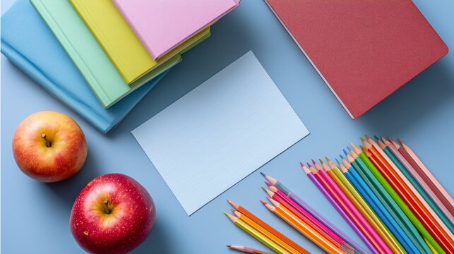 back to school flat lay with books pencils apple and greeting card