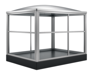 Large display cage with glass panels for a petting zoo, showcasing small mammals in a public setting.