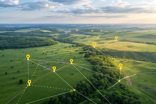 Aerial view of a connected network of location pins across a vast green landscape