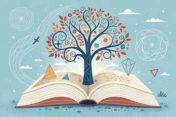 Tree of knowledge growing from open book with scientific symbols and geometric shapes