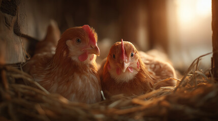 Chickens Roosting Under Soft Evening Light in Rustic Atmosphere