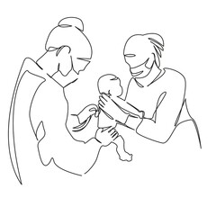 One continuous single drawing line art flat doodle doctor, stethoscope, examining, patient, care, hospital, listening, newborn. Isolated image hand draw contour on a white background, hand drawn, not 