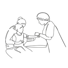 One continuous single drawing line art flat doodle child, patient, girl, doctor, clinic, syringe, blood sampling. Isolated image hand draw contour on a white background, hand drawn, not AI