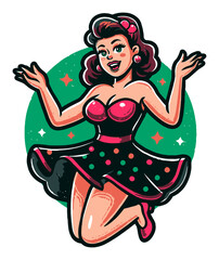 Vintage Cartoon Style Pin-Up Girl with Polka Dot Skirt and Cheerful Pose