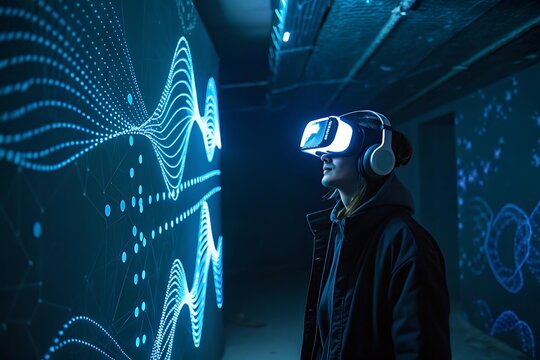 Person wearing vr headset and headphones experiences immersive digital data visualization