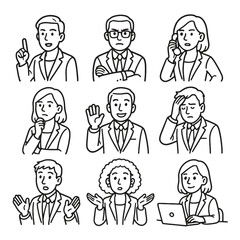 Business people characters in various emotional expressions: thinking, confused, speaking, calling, and presenting. Hand-drawn style.