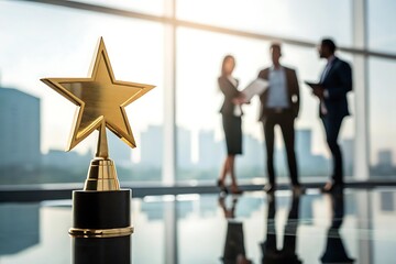 Golden star trophy in foreground with blurred business people celebrating success