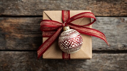 Wrapped gift holiday bow and decorated ornament
