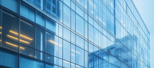 Obraz premium Stunning architectural facade of a contemporary glazed office building in a vibrant urban landscape.