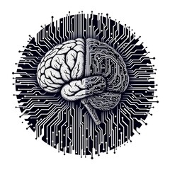 create a modern art piece featuring a human brain with a circuit board pattern in the background, derived from binary code
