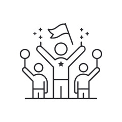 Celebration of success with a leader holding a flag and supporters cheering isolated on white background