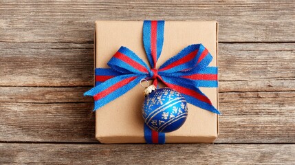 A gift box wrapped in kraft paper  with a blue and red ribbon sitting on a rustic wooden surface