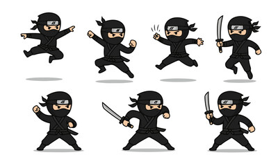 Dynamic Black Chibi Ninjas in Action Poses © bahar