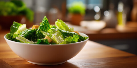 Fresh green lettuce salad with croutons and grated cheese in white bowl on wooden table with blurred kitchen background
