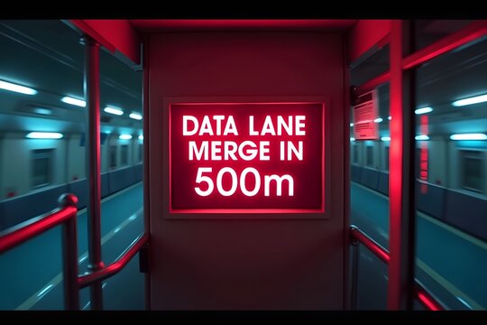 Neon sign mounted on a moving monorail saying “Data Lane Merge In 500m.”
