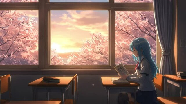 Girl reading in classroom at sunrise with cherry blossoms