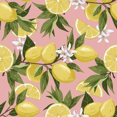 Seamless pattern colorful illustration of lemon branches with fresh yellow lemons and green leaves. A  pink background, vibrant botanical composition perfect for kitchen prints