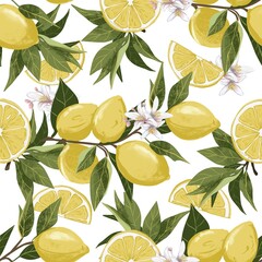 Seamless pattern colorful illustration of lemon branches with fresh yellow lemons and green leaves. A  white background, vibrant botanical composition perfect for kitchen prints