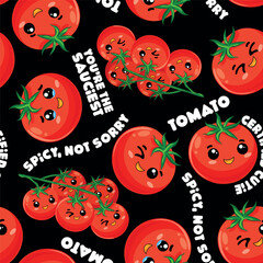 Funny Kawaii Tomato Seamless Pattern with Quotes