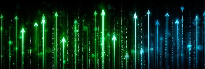 Futuristic Digital Design with Upward Arrows, Binary Code, and Glowing Light Trails for Growth