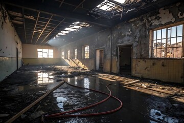 Interior of a destroyed building with water damage and a collapsed roof
