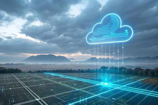 Futuristic digital cloud network connecting to a glowing grid on a vast landscape