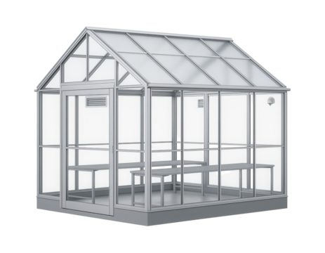 Commercial glasshouse with automated climate control, designed for botanical research in educational institutions.