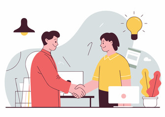 Business Deal Illustration of Two People Shaking Hands with a Lightbulb and Office Setting in the Background
