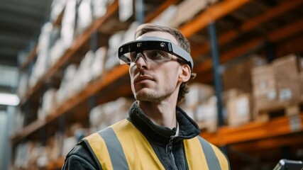 Warehouse Worker with Smart Glasses: A focused warehouse worker, wearing safety glasses and a high-visibility vest. - Powered by Adobe