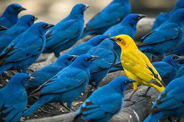 Obraz premium One bright yellow bird stands out amongst a flock of vivid blue birds