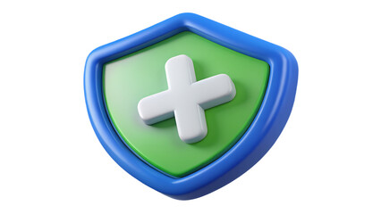 Obraz premium 3D Render of a Green Shield with a White Cross Medical Protection Icon