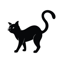 Black cat silhouette with curled tail on white background animal