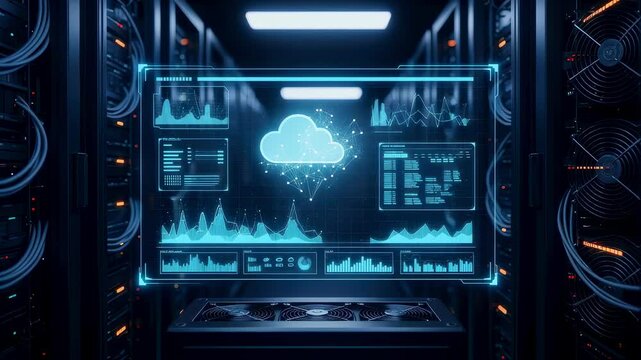 Futuristic holographic interface displaying cloud computing and data storage management system with graphs and statistics, inside a server room with rows of network servers and cables - Powered by Adobe