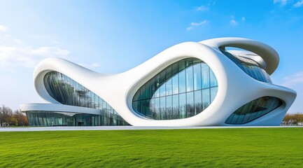 Modern, white, organic building on grassy plain