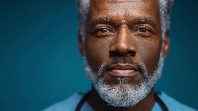 A Portrait of Experience: A close-up shot of a seasoned healthcare professional, exuding wisdom and confidence. his deep set eyes gaze into the viewers, capturing a sense of trust.