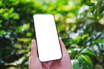 Mockup image of a woman holding mobile phone with blank white desktop screen in the nature outdoors