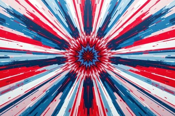 create an abstract image featuring a bold starburst pattern in shades of red, white, and blue against a contrasting background