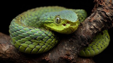 Vivid green viper coiled on branch