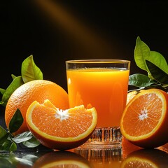 Fresh orange juice with ripe oranges on display.