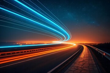 Abstract light trails on a highway at night with a starry sky