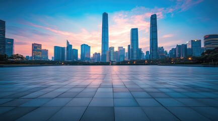 Obraz premium Empty plaza, modern city skyline at dawn (1)