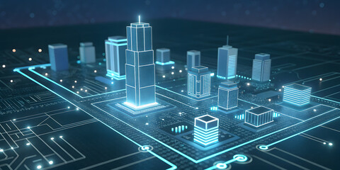 A glowing futuristic city rises from a digital circuit board at night