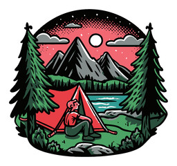 Vibrant Cartoon Style Camp Scene with Tent and Mountain Backdrop