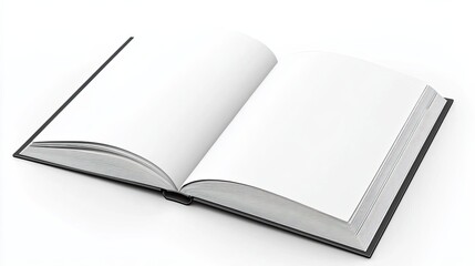 Open book with blank pages on a white background.