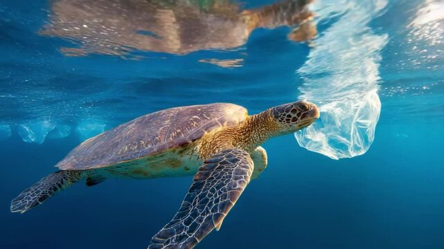 Sea turtle swimming near floating plastic bag in ocean