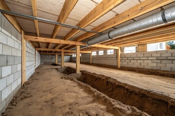 Fototapeta premium Under construction basement with concrete block walls wooden beams and exposed ductwork