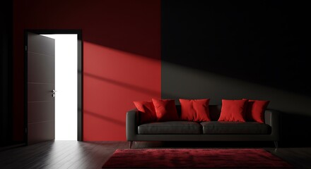 Red and black living room with modern sofa and door