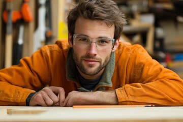 Obraz premium Man measuring wood for a cabinet craft project as a hobby, Generative AI